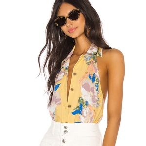 Yellow Hawaiian print Free People halter bodysuit